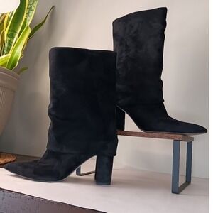 Nine West Slouchy Boots Womens 12 Black Pointed Toe Block Heel Suede Mid Calf